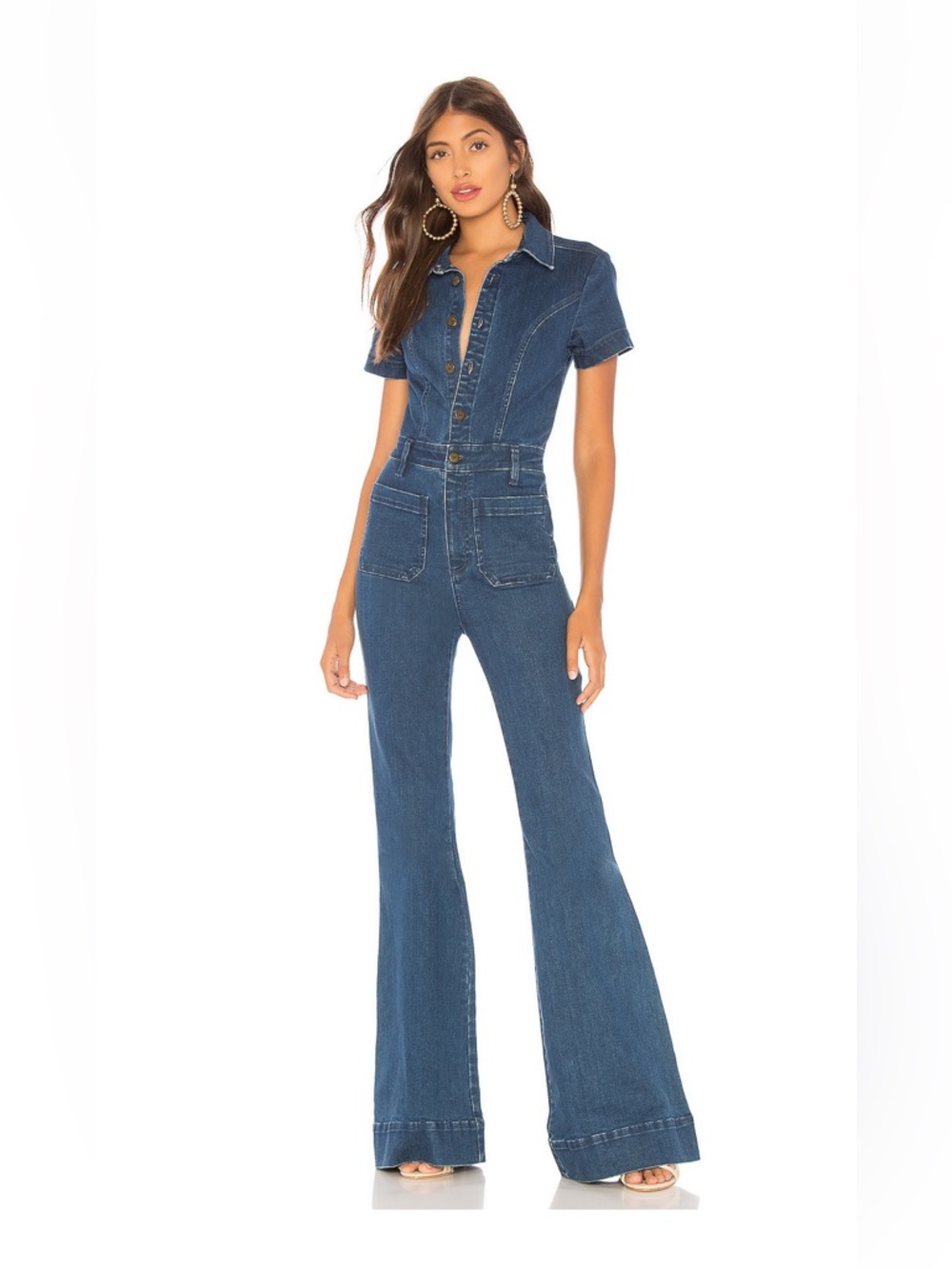 Show me Your Mumu Denim Short-Sleeve Jumpsuit in Medium Wash Blue